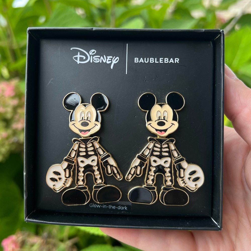 Disney BaubleBar Skeleton Mickey Earrings Halloween Black White Glow in the Dark